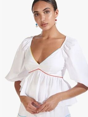 STAUD Dani White Peplum Puff-Sleeve Top with Multicolor Trim